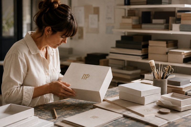 Dans l’atelier, une créatrice examine un coffret au monogramme MP