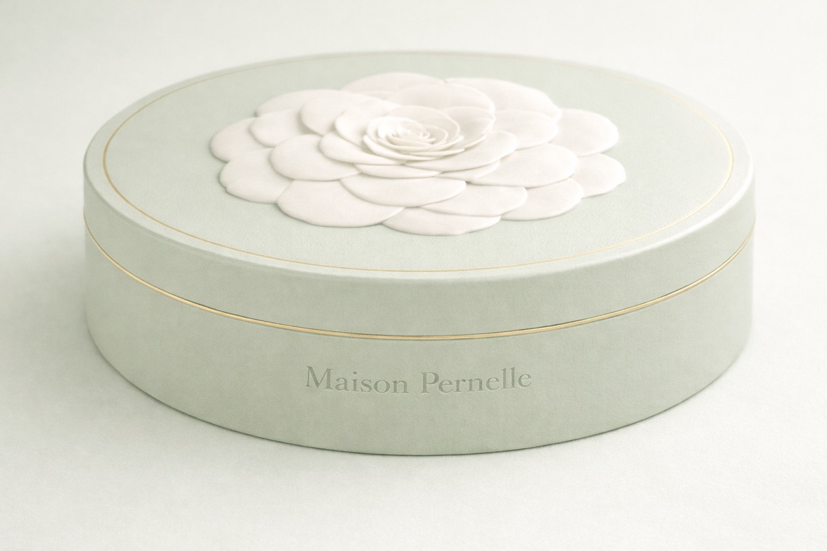 Boîte ronde vert d’eau ornée d’un camélia blanc en relief