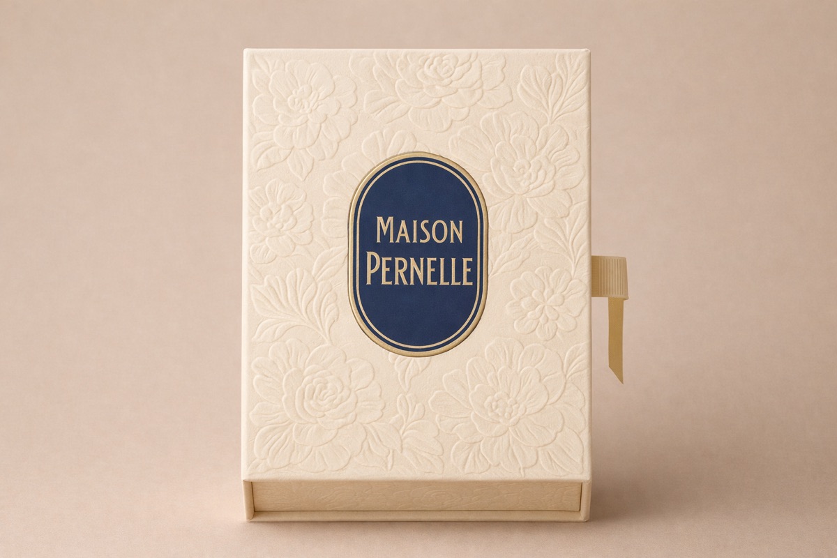 Coffret livre ivoire gaufré de fleurs, médaillon bleu nuit