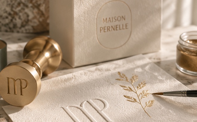 Tampon en laiton au monogramme MP, gaufrage et dorure sur papier de création