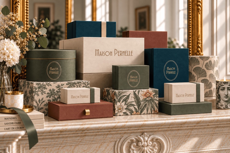 Coffrets Maison Pernelle de formes et de papiers variés, disposés sur une cheminée